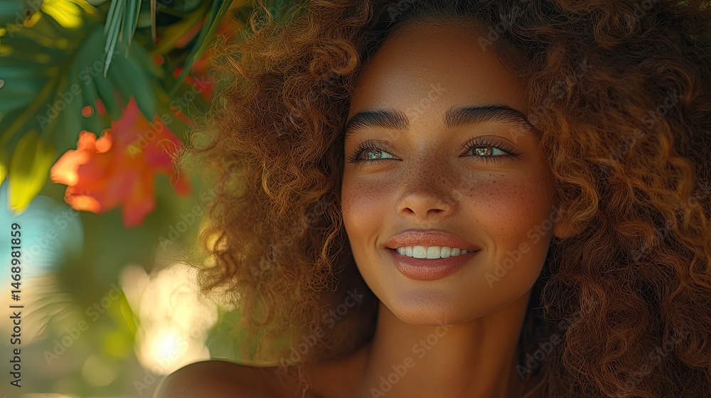 Smiling woman with curly hair under tropical foliage Smiling woman with curly hair under tropical foliage