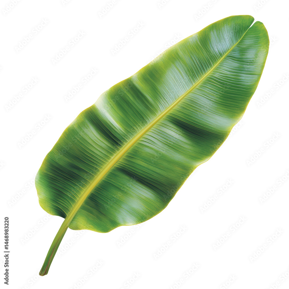 Fototapeta premium Lush green banana leaf displaying its rich texture and vibrant color in a natural setting under bright sunlight isolated on transparent background..