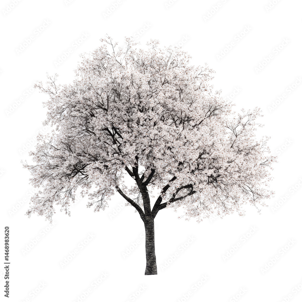 Obraz premium A solitary cherry tree in full bloom stands majestically against a pristine transparent background, showcasing its delicate blossoms and textured bark, Cherry tree isolated transparent