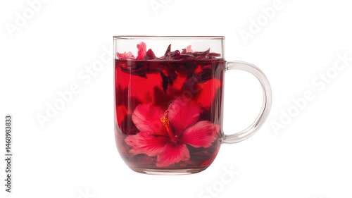 Realistic Hibiscus Tea in Clear Mug Isolated on White Background Studio Lighting Transparent Background