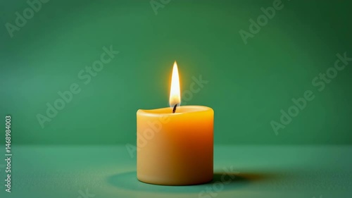 A single burning yellow candle stands against a smooth green background, creating a calm and tranquil atmosphere.