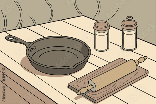 176 rustic kitchen scene, cast iron skillet, rolling pin, wooden chopping board, glass jars, wooden table, natural light, warm tones, cozy atmosphere, detailed textures, minimalist style, farmhouse de