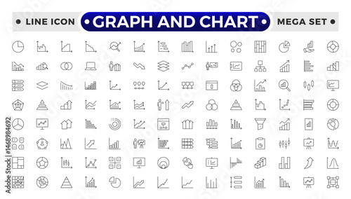 Growing bar graph and Chart outline icon set. Business graphs and charts icons. Statistics and analytics vector icon. Statistic and data, charts diagrams, money, down or up arrow.