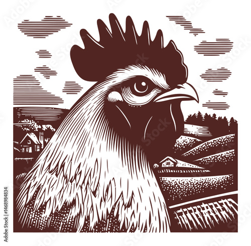 Detailed Illustration of a Rooster in a Rustic Farm Landscape Design