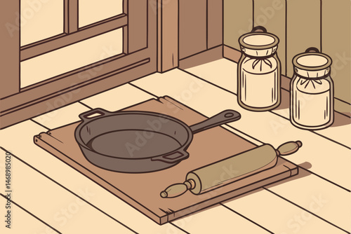 176 rustic kitchen scene, cast iron skillet, rolling pin, wooden chopping board, glass jars, wooden table, natural light, warm tones, cozy atmosphere, detailed textures, minimalist style, farmhouse de