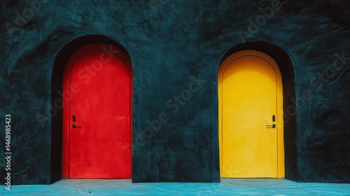 Two doors, one red and one yellow, are next to each other. The red door is on the left and the yellow door is on the right