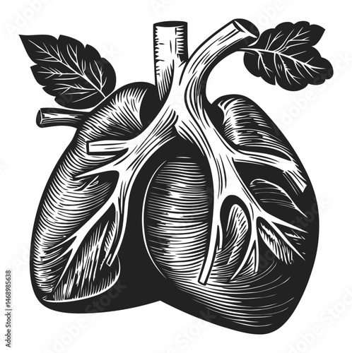 Detailed Vector Illustration of Human Lungs with Leaves and Vascular System