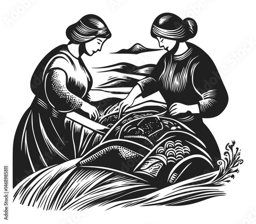 Women Engaged in Traditional Harvesting of Crops in a Scenic Landscape