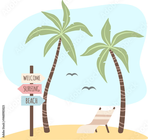 Vector clip art of palms and sunbed isolated. Summer vacation illustration.