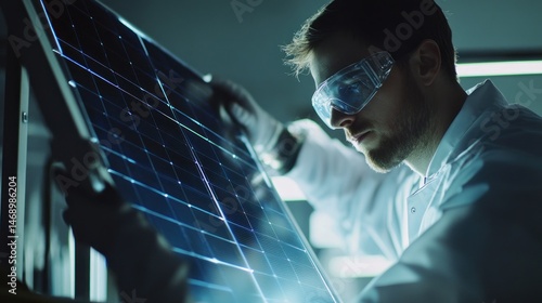 Focused scientist inspecting solar panel in laboratory environment