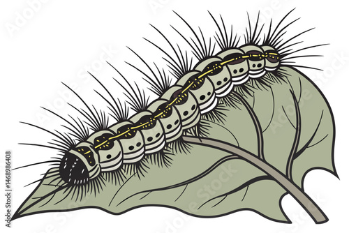177 close-up macro shot, highly detailed insect caterpillar crawling on leaf, grey and brown colors, textured body segments, intricate patterns, sharp focus, realistic, nature photography