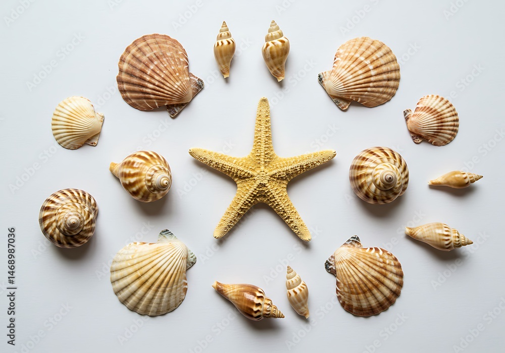 Starfish and seashells arranged on a white surface in a decorative pattern Starfish and seashells arranged on a white surface in a decorative pattern