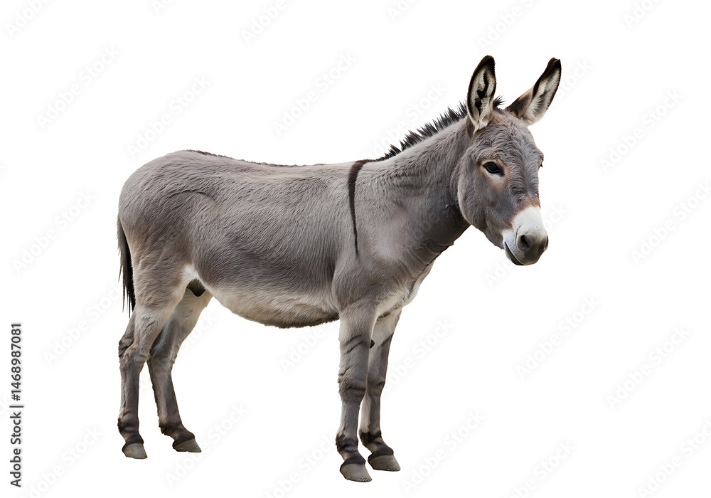 Obraz premium Full body view of a gray donkey standing against a white background