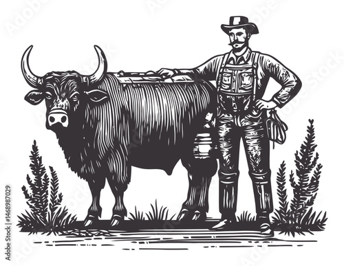 Vintage Farmer with Oxen in Farm Landscape Illustration for Graphics