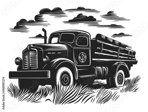 Vintage Truck with Wood Logs in a Scenic Landscape Illustration