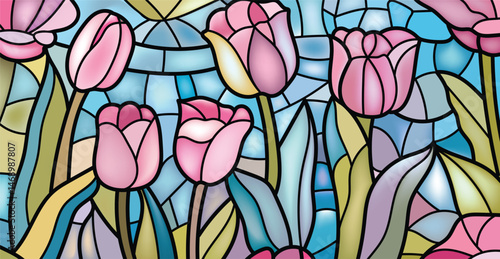 Stained glass floral design, black border pattern, suitable for background, wallpaper and print materials.