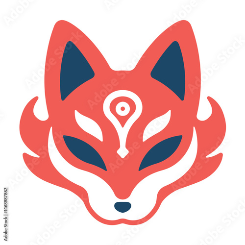 A stylized red and white fox mask with geometric patterns.