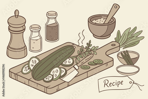 178 detailed botanical illustration of fresh zucchini, cucumber, and vegetables on a wooden chopping board, surrounded by kitchen utensils including a wooden mortar and pestle, copper pot, condiments 