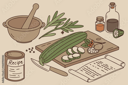 178 detailed botanical illustration of fresh zucchini, cucumber, and vegetables on a wooden chopping board, surrounded by kitchen utensils including a wooden mortar and pestle, copper pot, condiments 
