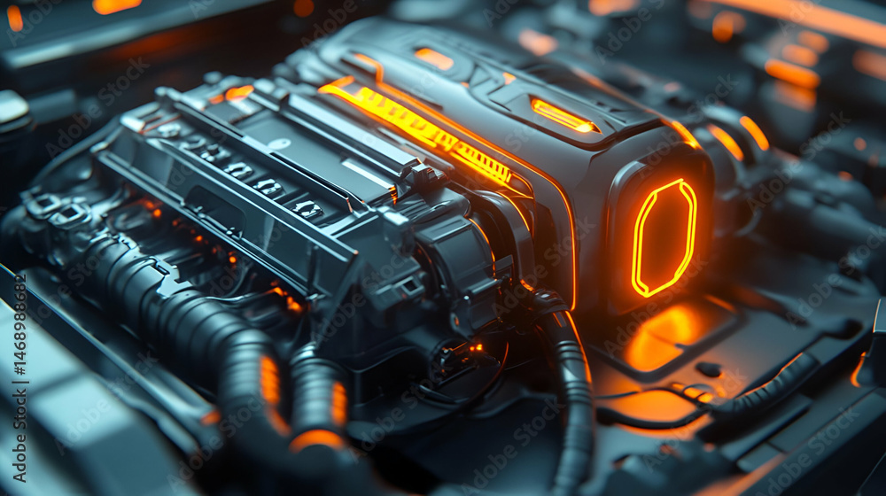 Futuristic Car Engine with Orange Glow Futuristic Car Engine with Orange Glow