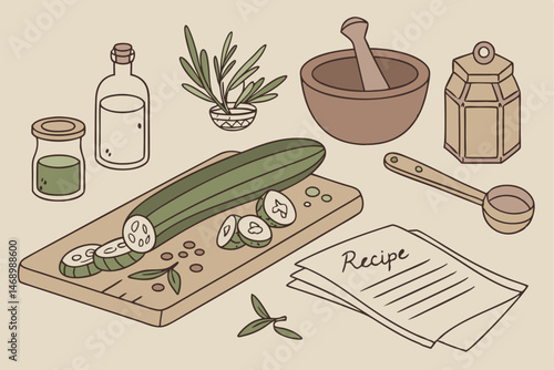 178 detailed botanical illustration of fresh zucchini, cucumber, and vegetables on a wooden chopping board, surrounded by kitchen utensils including a wooden mortar and pestle, copper pot, condiments 