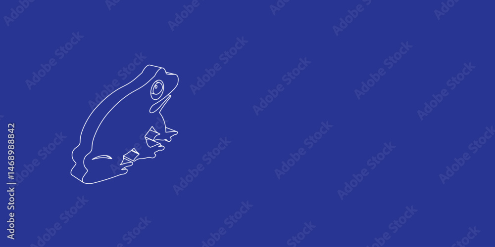 Fototapeta premium The outline of a large funny frog made of white lines on the left. 3D view of the object in perspective. Vector illustration on indigo background