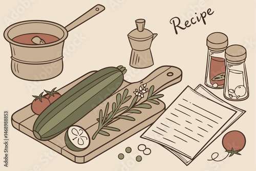 178 detailed botanical illustration of fresh zucchini, cucumber, and vegetables on a wooden chopping board, surrounded by kitchen utensils including a wooden mortar and pestle, copper pot, condiments 