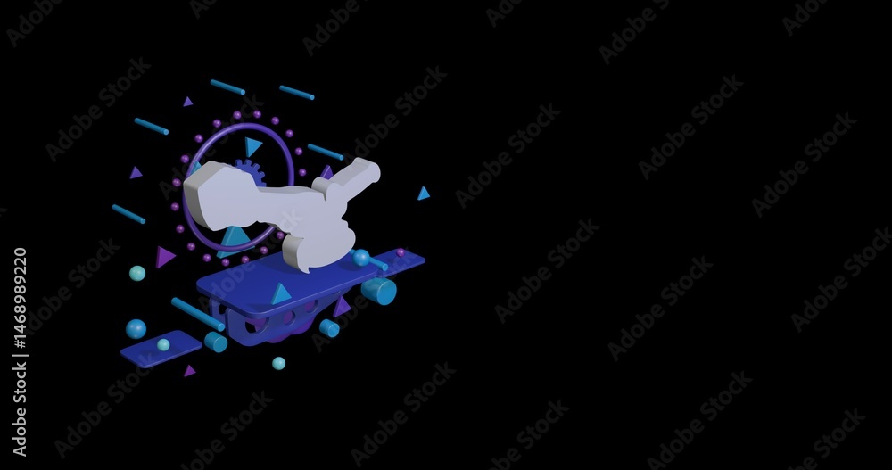 Fototapeta premium White cordless angle grinder symbol on a pedestal of abstract geometric shapes floating in the air. Abstract concept art with flying shapes on the left. 3d illustration on black background