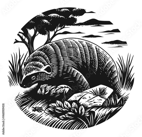 Detailed Black and White Vector Illustration of a Burrowing Animal