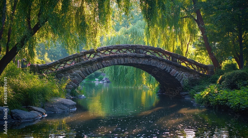 Fototapeta premium Serene Landscape featuring a Stone Arch Bridge over Calm Waters surrounded by Lush Greenery and Weeping Willows in a Tranquil Park Setting with Soft Sunlight