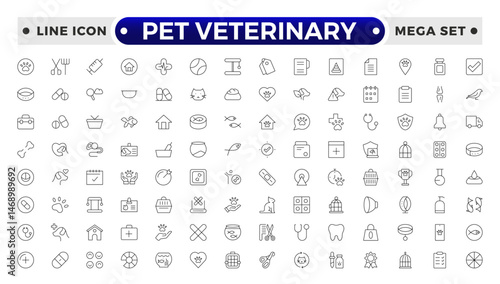 Set of line icons related to pet, care, veterinary, vet, and healthcare. Set of outline veterinarian icons. Animals veterinary icons. Pet and Vet Line Icon Set. Outline icon collection.