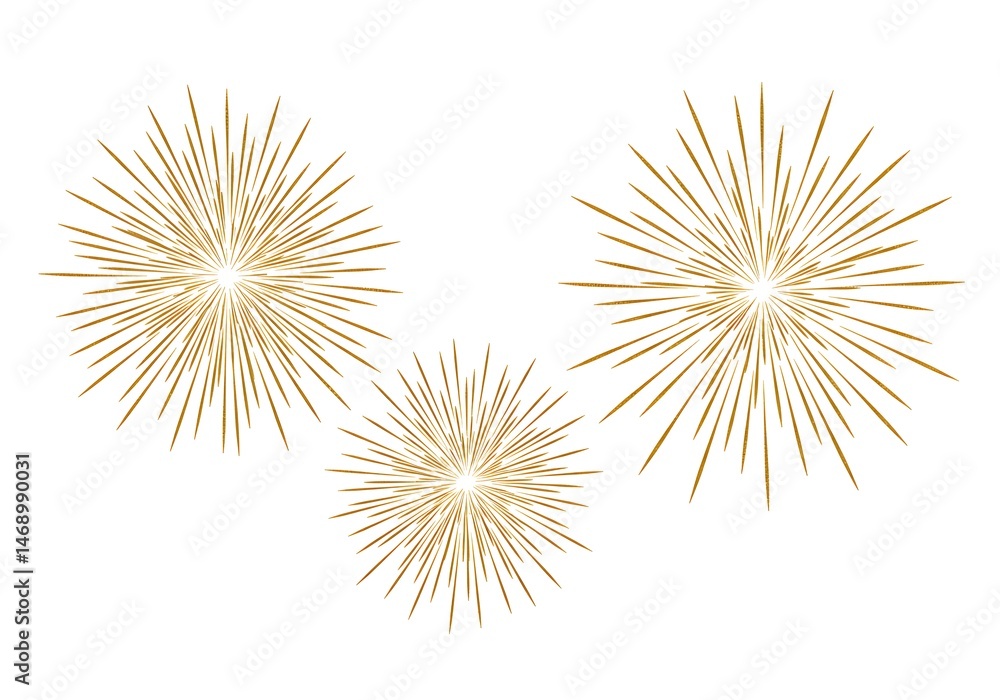 Obraz premium Three golden starburst shapes on a white background, festive and celebratory