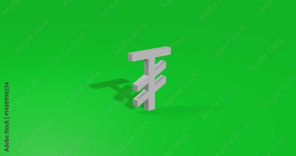 Obraz premium Isolated realistic white tugrik symbol front view with shadow. 3d illustration on green chroma key background