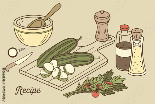 178 detailed botanical illustration of fresh zucchini, cucumber, and vegetables on a wooden chopping board, surrounded by kitchen utensils including a wooden mortar and pestle, copper pot, condiments 