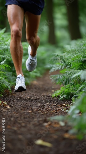 Runner's legs in motion training for outdoor sports on a wooded trail surrounded by ferns and earthy tones for fitness