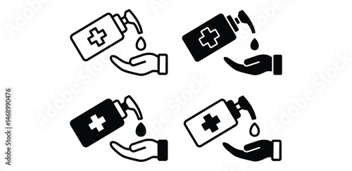 Hand Sanitizer Icon Set Hands Washing With Sanitizer Bottle Black And White Color Vector Design