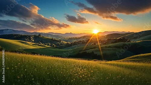 Serene sunset over tranquil green hills animated pastoral scene