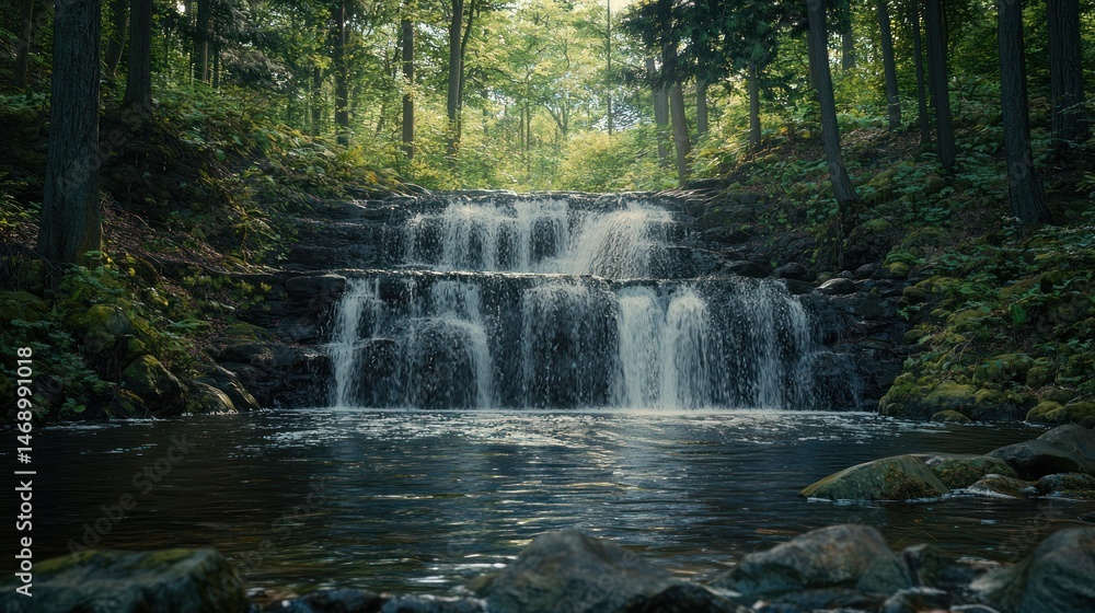 Fototapeta premium Serene waterfall cascading over rocky ledges surrounded by lush green forest creating a peaceful natural landscape and reflecting light on the water's surface in a tranquil setting