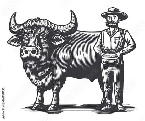 Man Standing Beside Bull in Vintage Vector Style Illustration