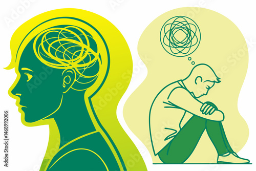 Bipolar Disorder Awareness and Mental Health Illustration Showing Tangled and Untangled Thoughts in Dual Human Silhouettes — Symbolizing Psychological Struggle, Therapy, and Emotional Well-being