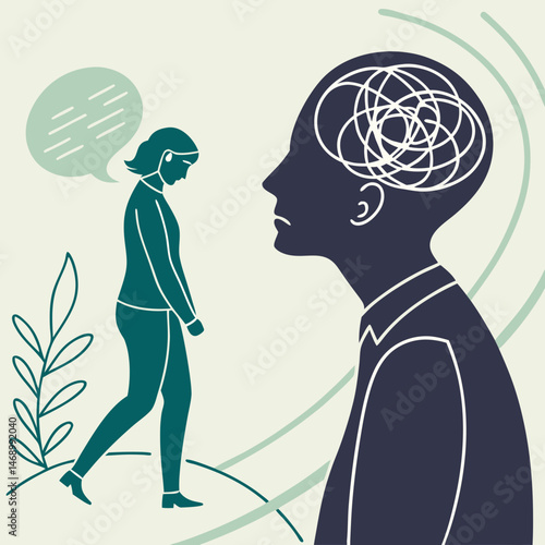 Bipolar Disorder Awareness and Mental Health Illustration Showing Tangled and Untangled Thoughts in Dual Human Silhouettes — Symbolizing Psychological Struggle, Therapy, and Emotional Well-being
