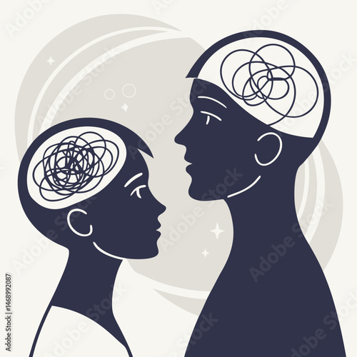 Bipolar Disorder Awareness and Mental Health Illustration Showing Tangled and Untangled Thoughts in Dual Human Silhouettes — Symbolizing Psychological Struggle, Therapy, and Emotional Well-being