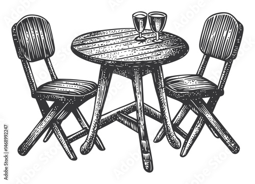 Vintage Vector Illustration of Cozy Table and Chairs with Glasses