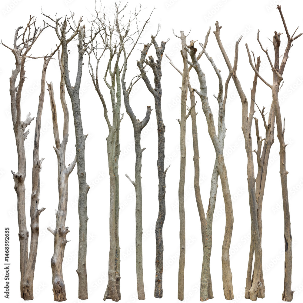 A collection of barren trees standing tall in a forest, showcasing their intricate branches against a clear sky, symbolizing resilience and nature's beauty A collection of barren trees standing tall in a forest, showcasing their intricate branches against a clear sky, symbolizing resilience and nature's beauty