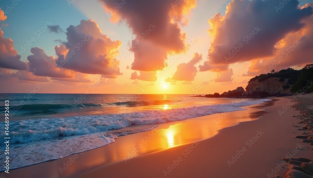 Fototapeta premium Serene sunset over a tranquil beach, golden light reflecting on the sand and calm ocean waves , texture, ocean view, picturesque