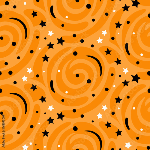 Orange cosmic swirls seamless pattern, for textile design