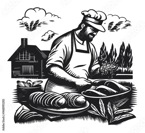 Rustic Chef Preparing Artisan Bread in Black and White Style