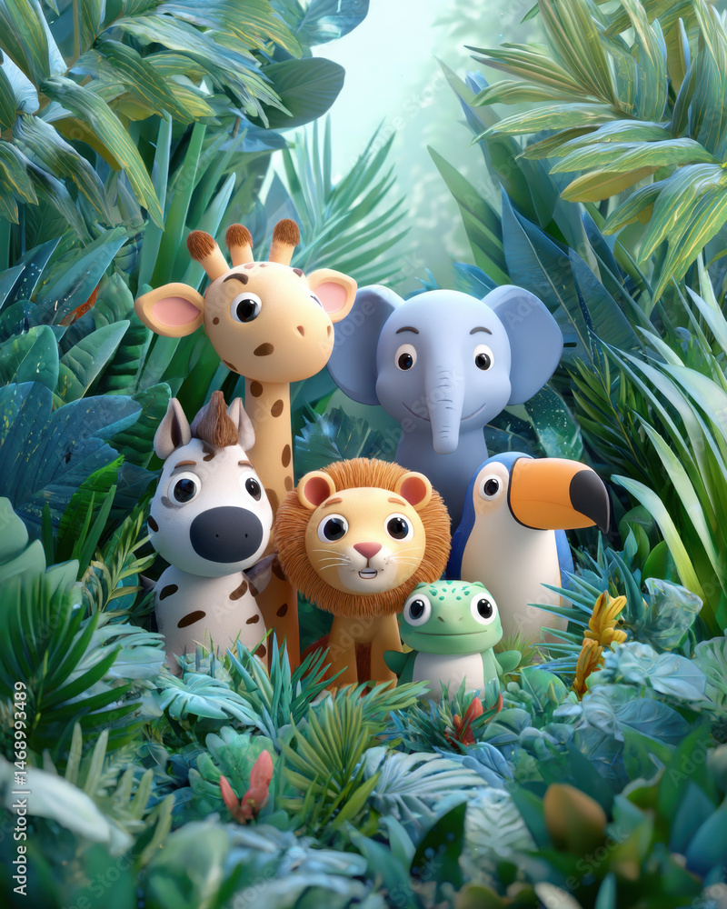 Naklejka premium Adorable Cartoon Animals Posing in Lush Tropical Foliage A Delightful Jungle Scene for Children's Books