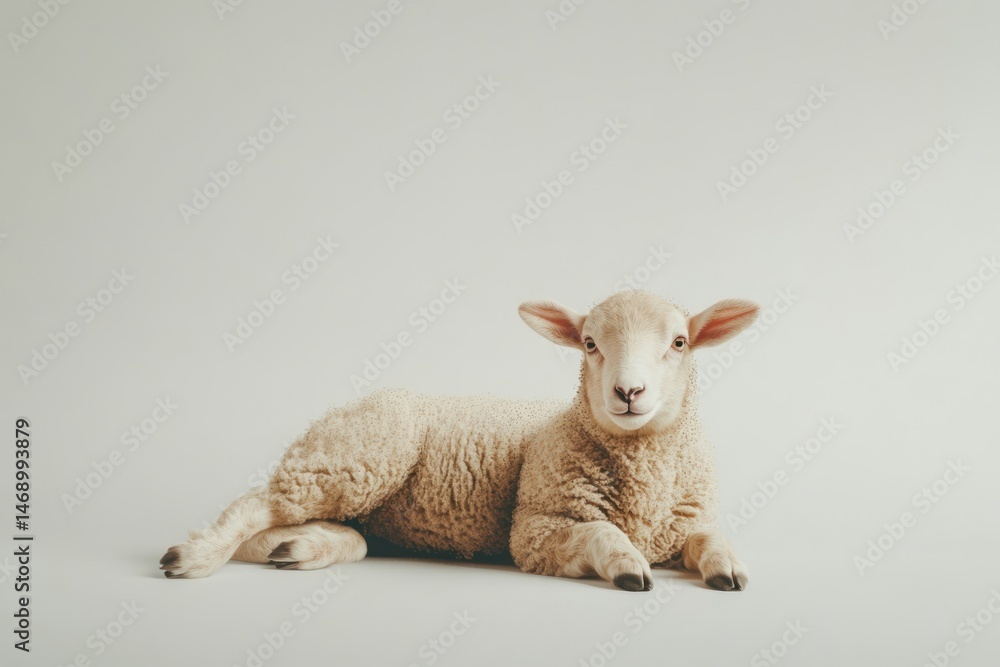 Fototapeta premium Lamb lying studio shot, neutral background, calm