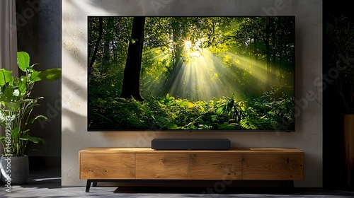 Flat-screen tv showing sunlit forest scene on light wood media console with potted plant and sound bar